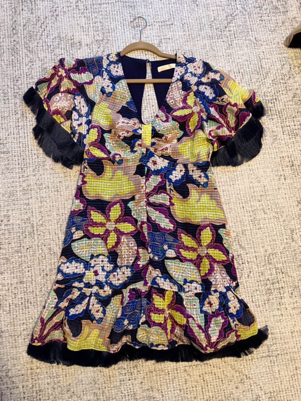Marie Oliver Multi-Color Floral Keyhole Mini Dress with Fringe